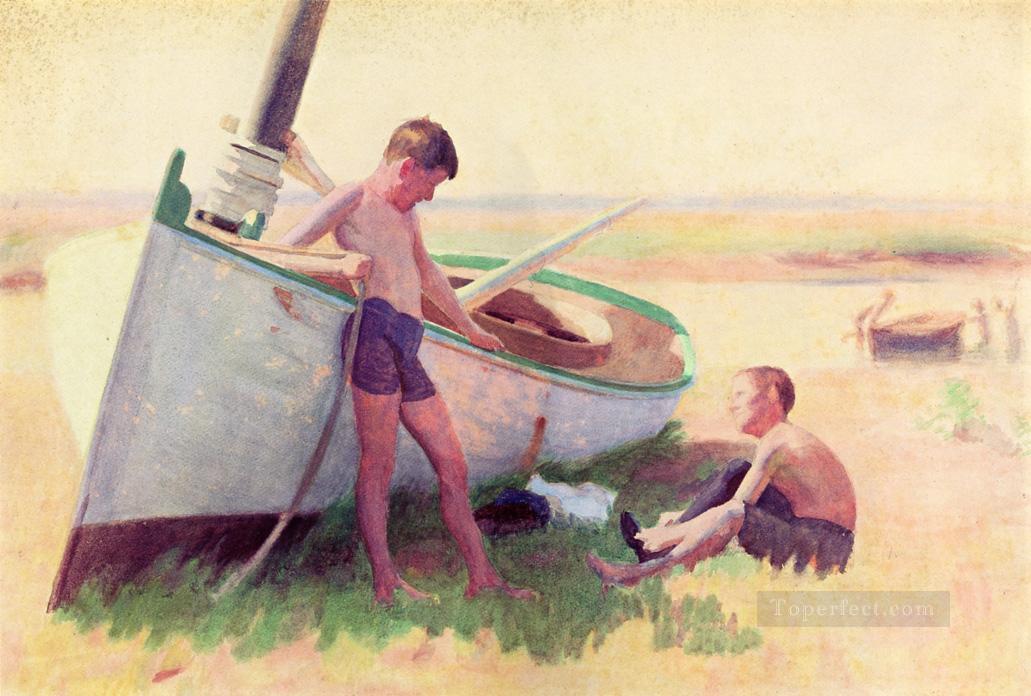 ケープ・メイ近くのボートに乗る二人の少年 自然主義者のトーマス・ポロック・アンシュッツ油絵